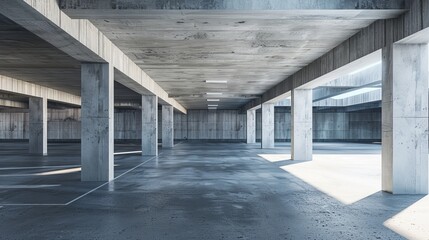 An empty cement floor with a concrete architecture and a car park in 3D.