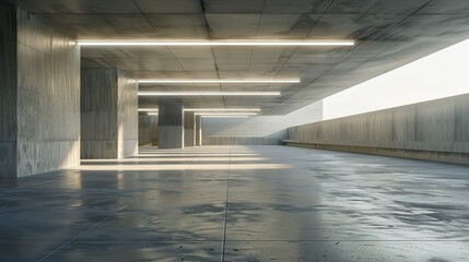 This is a rendering of abstract modern architecture with an empty concrete floor and a background for a car presentation.