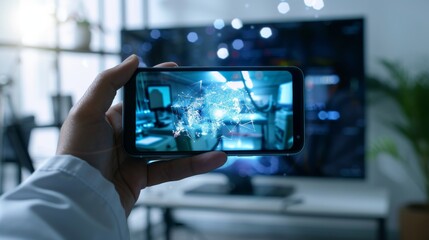 Concept of telemedicine, using a VR medical interface with an online medical doctor communicating with the patient via hand-held smartphone.