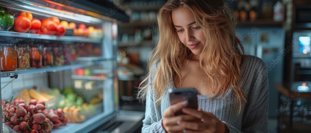 Poster iot concept: young woman using smartphone in kitchen. she controls her kitchen appliances wirelessly