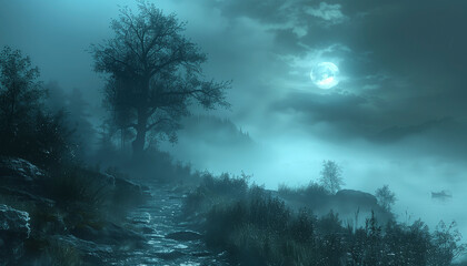 A chilly, foggy night with a mysterious blue radiance glowing beneath, creating a scene of intrigue and solitude. 