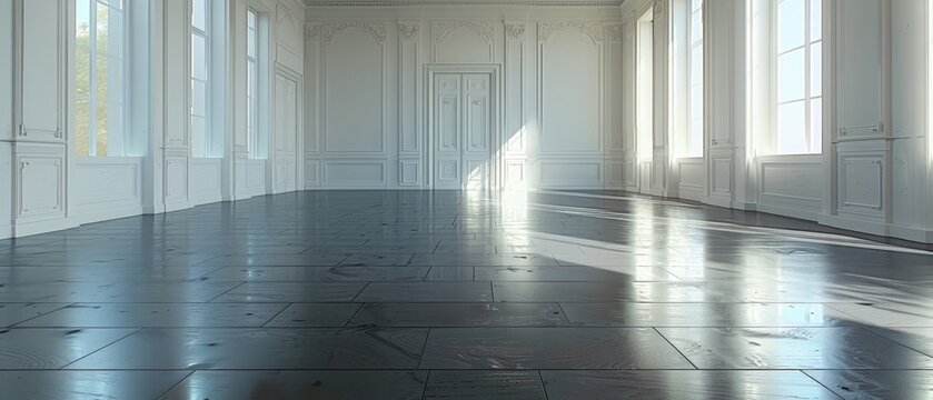 This is a perspective of a white room with a dark laminate floor, in a classic interior style. It has a blank space architecture.