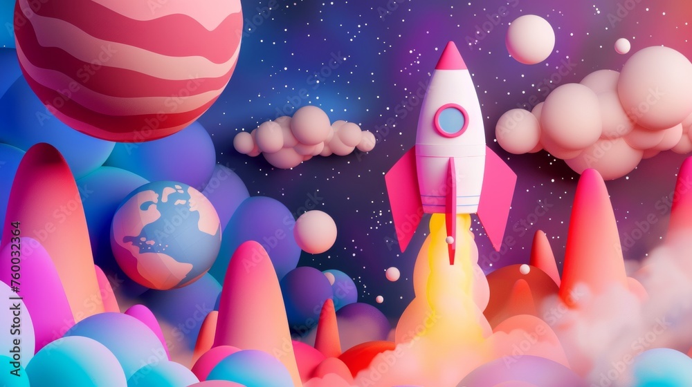 Poster a rocket flying in space in a piece of paper art, a start-up concept in the form of a banner templat