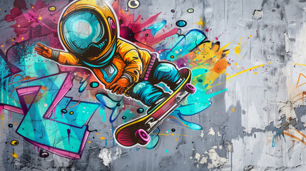 cosmonaut on a skateboard graffiti style on a gray wall - obrazy, fototapety, plakaty