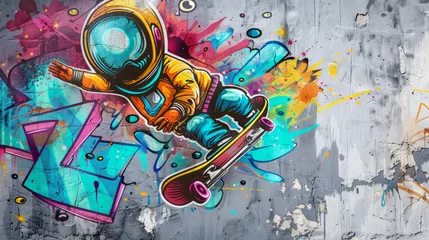 Fotobehang cosmonaut on a skateboard graffiti style on a gray wall © Taia