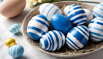 Fototapeta na wymiar Blue and white stripes colored easter eggs in a wicker nest