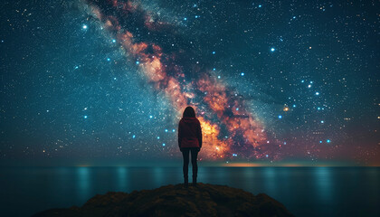 Minimalistic Abstract night sky with a Milky Way arc over a silent observer on a horizon - obrazy, fototapety, plakaty