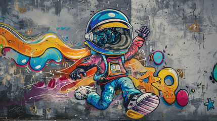 cosmonaut on a skateboard graffiti style on a gray wall