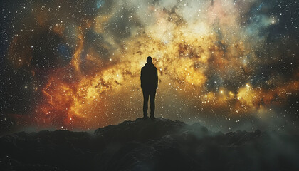 Minimalistic Abstract universe panorama with a contemplative human outline against a galaxy backdrop