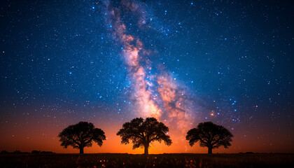 The night's canvas displaying the Milky Way's radiant streak, with the silhouettes of trees...