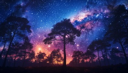 Starry heavens captured in exquisite detail above a forest's silhouette - obrazy, fototapety, plakaty