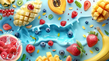 Poster Fruits and mixed berries. Tropical fruits and mixed berries with juice. Watermelon, banana, pineapple, strawberry, orange, mango, blueberry, cherry, raspberry, papaya. © Zaleman