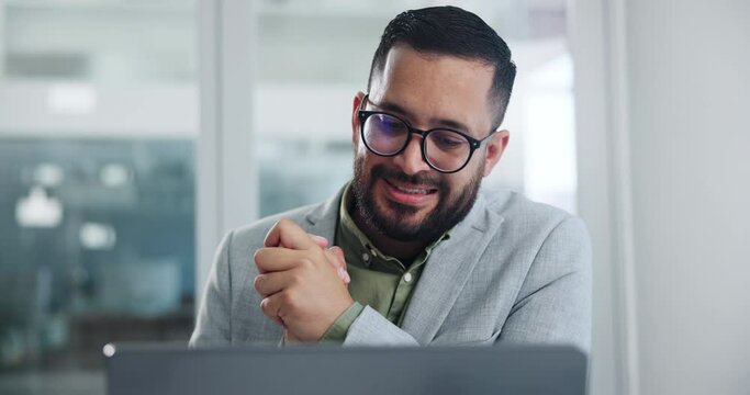 Business, man and office with news on laptop for promotion or client sales, tense and hoping for success. Male employee, nervous or anxious and disappointed for online result on computer in workplace