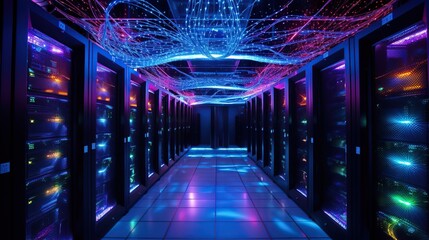 Data center in the network server room and server rack with colorful led light. Cloud computing and data storage concept. - obrazy, fototapety, plakaty