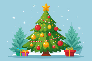 Naklejka na ściany i meble Beautiful realistic Christmas decorated tree vector art illustration