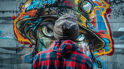 guy with a hat back graffiti style on a gray wall