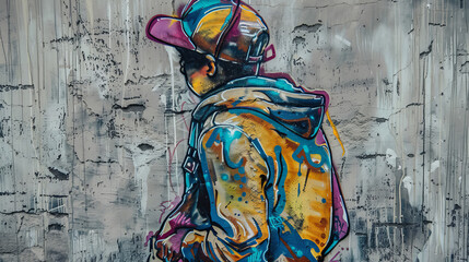 man in a cap graffiti style on a gray wall