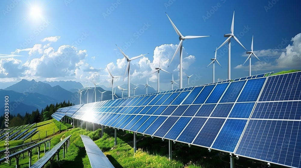 Poster using solar panels and wind turbines to generate electricity