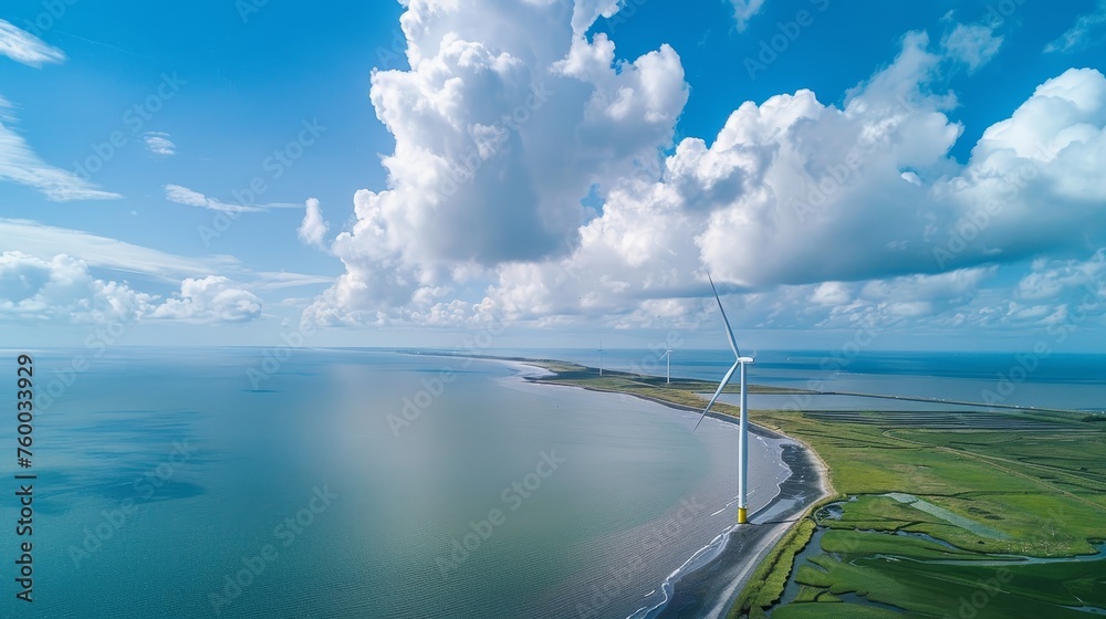 Aufkleber flevoland netherlands ijsselmeer, offshore windmill park in the ocean aerial view with wind turbines