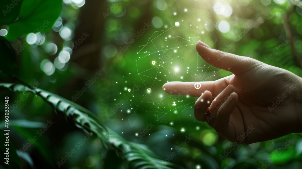 Poster in this concept, the finger is used to touch the environment icons over the network on a nature back