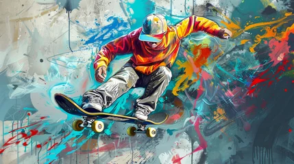 Fotobehang man in a cap on a skateboard graffiti style on a gray wall © Taia