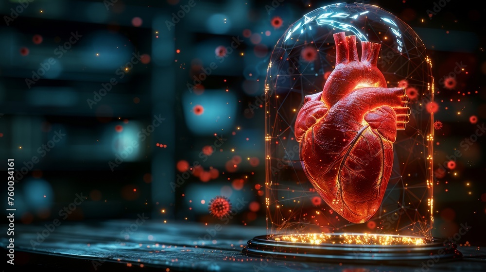 Aufkleber a red human heart with an attacking virus in a transparent glass dome. healthcare medical concept in