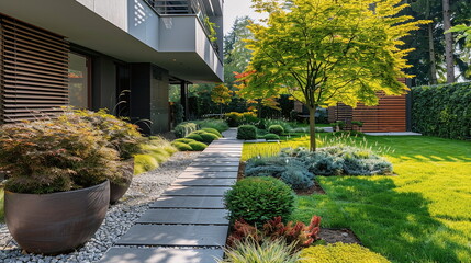 Obraz premium Modern and luxury bright garden with beautiful plants and trees