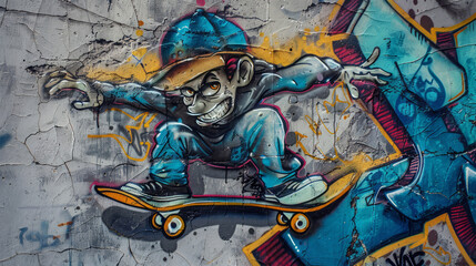 man in a cap on a skateboard graffiti style on a gray wall