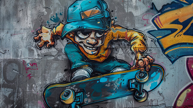 man in a cap on a skateboard graffiti style on a gray wall