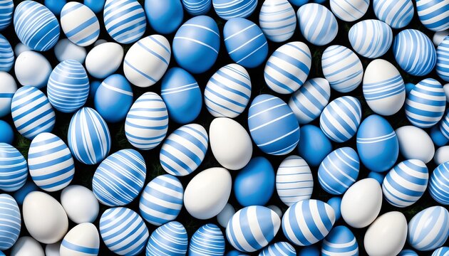 Blue and white colored easter eggs, view from above