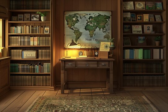 A cozy study room filled with Earth Day inspiration, where traditional and eco-friendly designs merge.