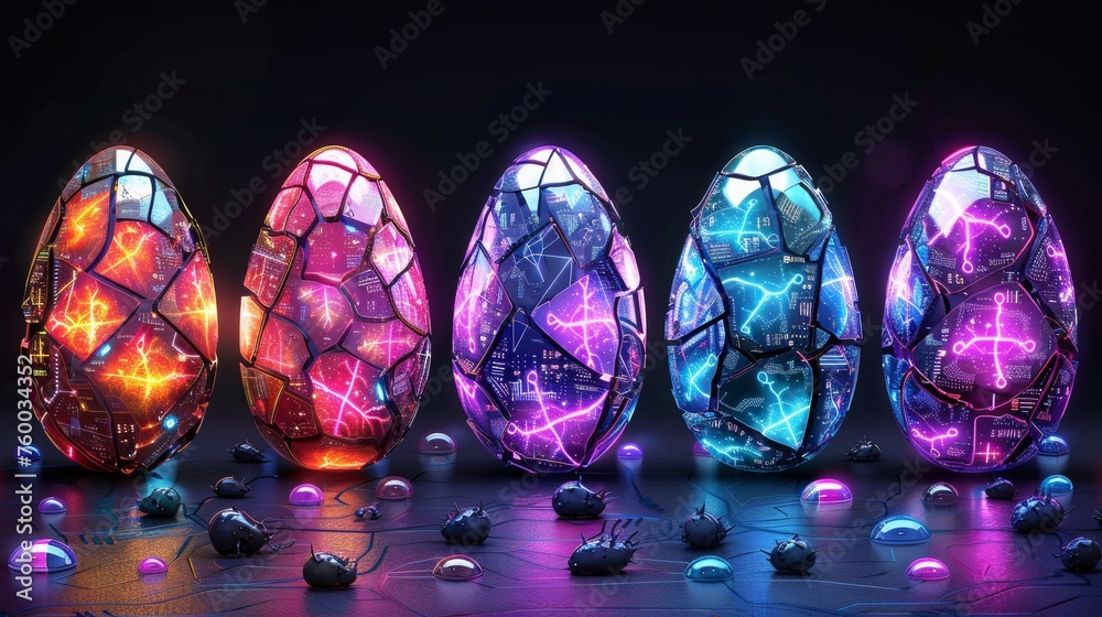 Leinwandbilder An Easter egg with cracked shell in a digital style, with a circuit board pattern - an element for design. Illustration with light effect modern elements.
