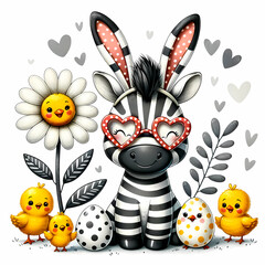 Cute Easter zebra wearing bunny ears, surrounded by little chicklets