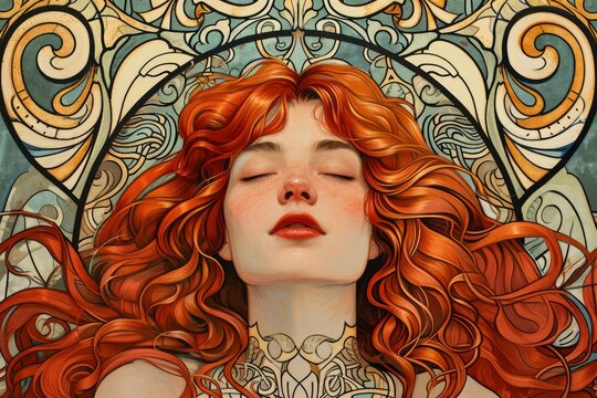 Art nouveau woman redhaired. Modern face. Generate Ai
