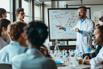 The presenter is giving a science presentation on a whiteboard to the team of chemists at a briefing in the chemical laboratory. Brainstorm. Success concept.