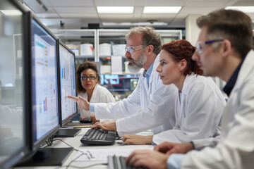 Naklejka premium Scientists see important data on computer screens and show it to their colleagues in the chemistry laboratory. Brainstorm. Success concept. 