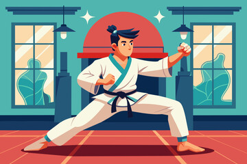 Karate master starts lesson vector art illustration