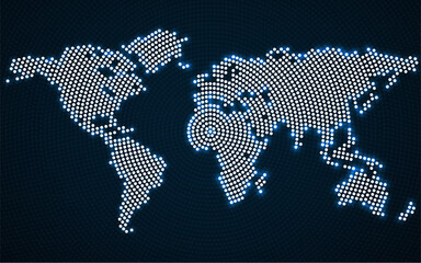 Abstract world map with glowing radial dots. Vector