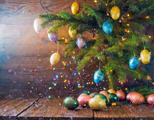  Easter eggs falling from the christmas tree  - 760036368