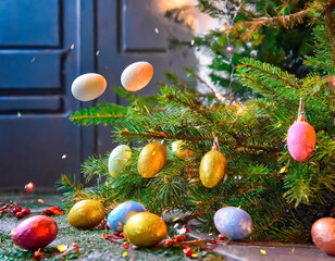  Easter eggs falling from the christmas tree  - 760036371