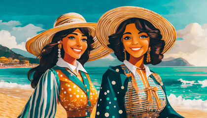 Girls in the foreground on the beach with hats and 70s costumes - 760036500