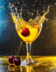 Splash of a cherry in a glass of yellow aperitif - 760036532