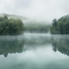 Ein ruhiger, leerer See mit B&auml;umen ringsherum im Morgennebel, sanfte Gr&uuml;nt&ouml;ne, stimmungsvolle Atmosph&auml;re
