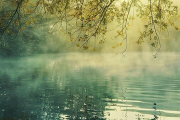 Ein ruhiger, leerer See mit Bäumen ringsherum im Morgennebel, sanfte Grüntöne, stimmungsvolle Atmosphäre