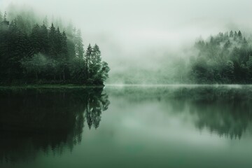 Ein ruhiger, leerer See mit Bäumen ringsherum im Morgennebel, sanfte Grüntöne, stimmungsvolle Atmosphäre