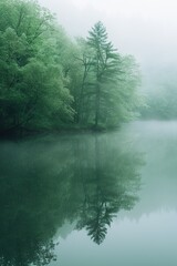 Fototapeta na wymiar Ein ruhiger, leerer See mit Bäumen ringsherum im Morgennebel, sanfte Grüntöne, stimmungsvolle Atmosphäre