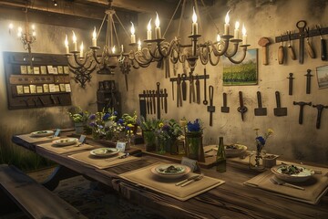 A cozy, rustic dining room ready for an Earth Day feast, showcasing a handmade farmhouse table crafted from reclaimed barn wood. - obrazy, fototapety, plakaty