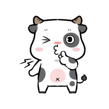 Hush. Little cow asking for silence or secrecy with finger on lips shhh hand gesture, cartoon chibi style