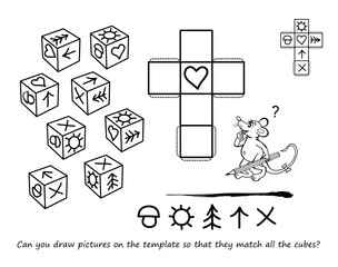 Logic game for the smartest. Can you draw pictures on the template so that they match all the cubes? 3D puzzle. Developing spatial thinking. Page for brain teaser book. Black and white vector drawing