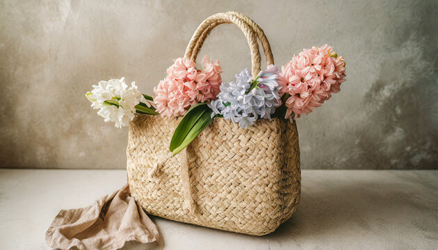 Bolsa de Palha com Flores em fundo R&uacute;stico de Cimento Queimado